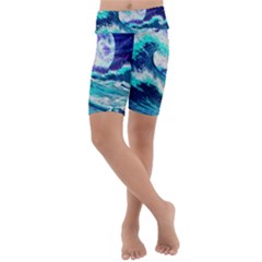 Tsunami Waves Ocean Sea Nautical Nature Water Kids  Lightweight Velour Cropped Yoga Leggings