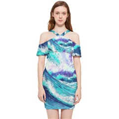 Tsunami Waves Ocean Sea Nautical Nature Water Shoulder Frill Bodycon Summer Dress