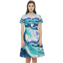 Tsunami Waves Ocean Sea Nautical Nature Water Short Sleeve Waist Detail Dress