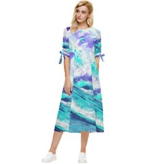 Tsunami Waves Ocean Sea Nautical Nature Water Bow Sleeve Chiffon Midi Dress by Jancukart