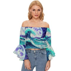 Tsunami Waves Ocean Sea Nautical Nature Water Off Shoulder Flutter Bell Sleeve Top