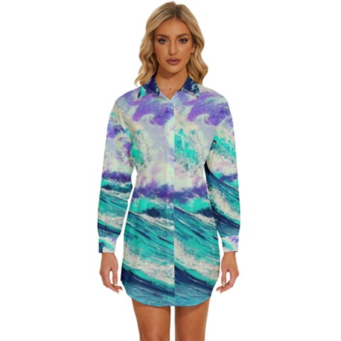 Tsunami Waves Ocean Sea Nautical Nature Water Womens Long Sleeve Shirt Dress by Jancukart