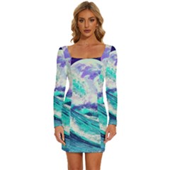 Tsunami Waves Ocean Sea Nautical Nature Water Long Sleeve Square Neck Bodycon Velvet Dress