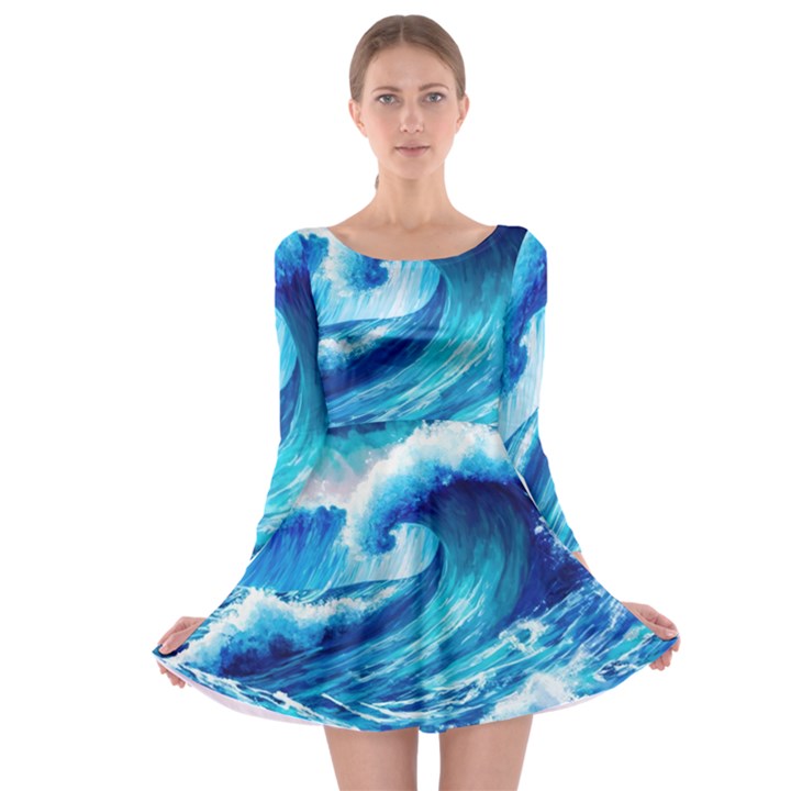 Tsunami Tidal Wave Ocean Waves Sea Nature Water 3 Long Sleeve Skater Dress