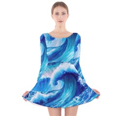 Tsunami Tidal Wave Ocean Waves Sea Nature Water 3 Long Sleeve Velvet Skater Dress