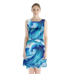 Tsunami Tidal Wave Ocean Waves Sea Nature Water 3 Sleeveless Waist Tie Chiffon Dress