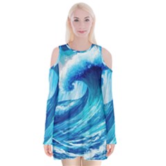 Tsunami Tidal Wave Ocean Waves Sea Nature Water 3 Velvet Long Sleeve Shoulder Cutout Dress