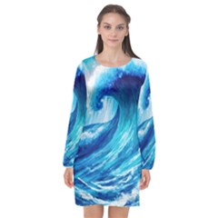 Tsunami Tidal Wave Ocean Waves Sea Nature Water 3 Long Sleeve Chiffon Shift Dress 