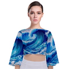 Tsunami Tidal Wave Ocean Waves Sea Nature Water 3 Tie Back Butterfly Sleeve Chiffon Top by Jancukart