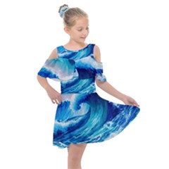 Tsunami Tidal Wave Ocean Waves Sea Nature Water 3 Kids  Shoulder Cutout Chiffon Dress