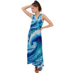 Tsunami Tidal Wave Ocean Waves Sea Nature Water 3 V-neck Chiffon Maxi Dress by Jancukart