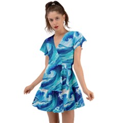 Tsunami Tidal Wave Ocean Waves Sea Nature Water 3 Flutter Sleeve Wrap Dress