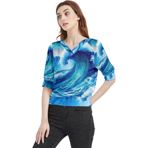 Tsunami Tidal Wave Ocean Waves Sea Nature Water 3 Quarter Sleeve Blouse by Jancukart