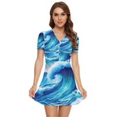 Tsunami Tidal Wave Ocean Waves Sea Nature Water 3 V-neck High Waist Chiffon Mini Dress