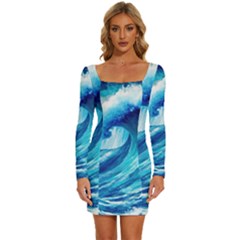 Tsunami Tidal Wave Ocean Waves Sea Nature Water 3 Long Sleeve Square Neck Bodycon Velvet Dress by Jancukart