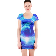 Tsunami Waves Ocean Sea Nautical Nature Water Art Work Short Sleeve Bodycon Dress by Jancukart