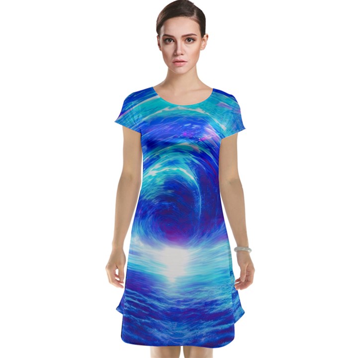 Tsunami Waves Ocean Sea Nautical Nature Water Art Work Cap Sleeve Nightdress