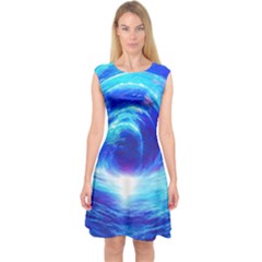 Tsunami Waves Ocean Sea Nautical Nature Water Art Work Capsleeve Midi Dress by Jancukart