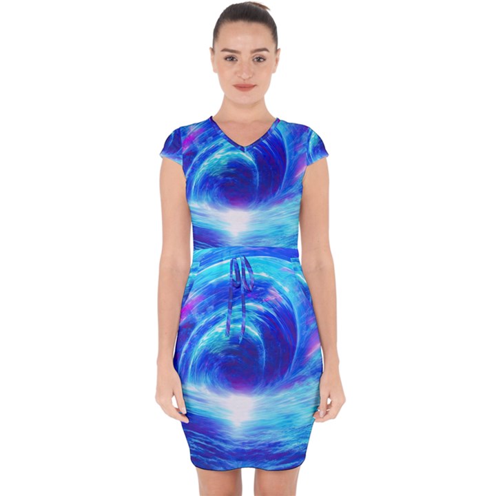 Tsunami Waves Ocean Sea Nautical Nature Water Art Work Capsleeve Drawstring Dress 