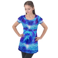 Tsunami Waves Ocean Sea Nautical Nature Water Art Work Puff Sleeve Tunic Top