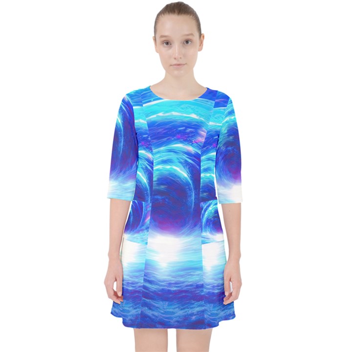 Tsunami Waves Ocean Sea Nautical Nature Water Art Work Quarter Sleeve Pocket Dress