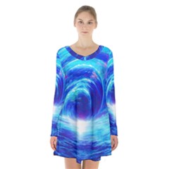 Tsunami Waves Ocean Sea Nautical Nature Water Art Work Long Sleeve Velvet V-neck Dress