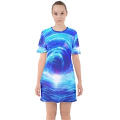 Tsunami Waves Ocean Sea Nautical Nature Water Art Work Sixties Short Sleeve Mini Dress by Jancukart