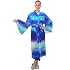 Tsunami Waves Ocean Sea Nautical Nature Water Art Work Maxi Velvet Kimono by Jancukart