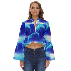 Tsunami Waves Ocean Sea Nautical Nature Water Art Work Boho Long Bell Sleeve Top