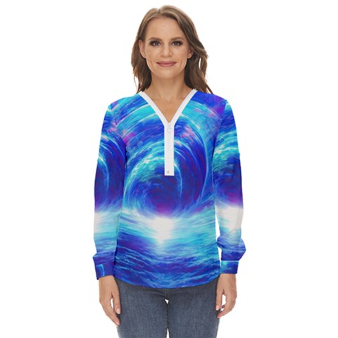 Tsunami Waves Ocean Sea Nautical Nature Water Art Work Zip Up Long Sleeve Blouse by Jancukart