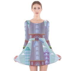 Amsterdam Landmark Landscape Long Sleeve Velvet Skater Dress