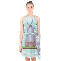 Amsterdam Landmark Landscape Halter Collar Waist Tie Chiffon Dress by Sudheng