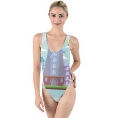 Amsterdam Landmark Landscape High Leg Strappy Swimsuit by Sudheng