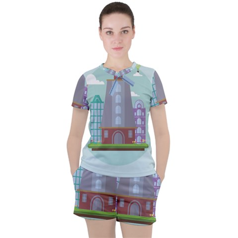 Amsterdam Landmark Landscape Women s Tee And Shorts Set by Sudheng