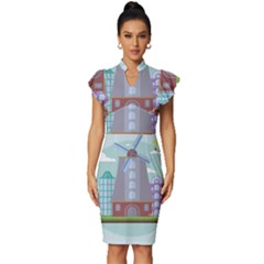 Amsterdam Landmark Landscape Vintage Frill Sleeve V-neck Bodycon Dress by Sudheng