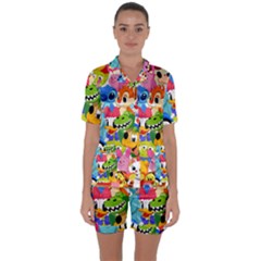 Illustration Cartoon Character Animal Cute Satin Short Sleeve Pajamas Set by Sudheng