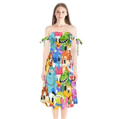 Illustration Cartoon Character Animal Cute Shoulder Tie Bardot Midi Dress by Sudheng