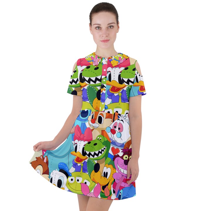 Illustration Cartoon Character Animal Cute Short Sleeve Shoulder Cut Out Dress 