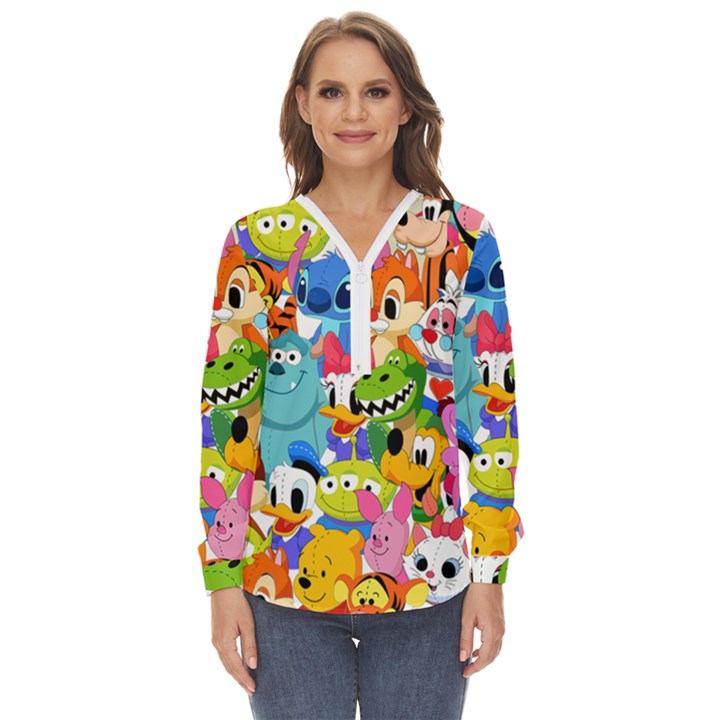 Illustration Cartoon Character Animal Cute Zip Up Long Sleeve Blouse