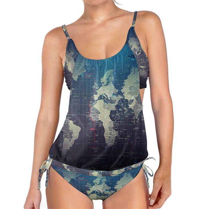 Vintage World Map Illustration Artwork Water Drop Digital Art arts Tankini Set