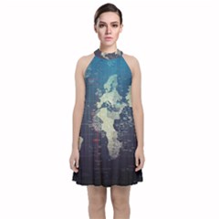 Vintage World Map Illustration Artwork Water Drop Digital Art Arts Velvet Halter Neckline Dress 