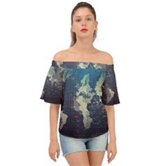 Vintage World Map Illustration Artwork Water Drop Digital Art Arts Off Shoulder Short Sleeve Top by Sudheng