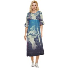 Vintage World Map Illustration Artwork Water Drop Digital Art Arts Double Cuff Midi Dress