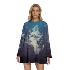 Vintage World Map Illustration Artwork Water Drop Digital Art Arts Round Neck Long Sleeve Bohemian Style Chiffon Mini Dress by Sudheng