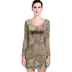 Vintage Europe Map Long Sleeve Velvet Bodycon Dress