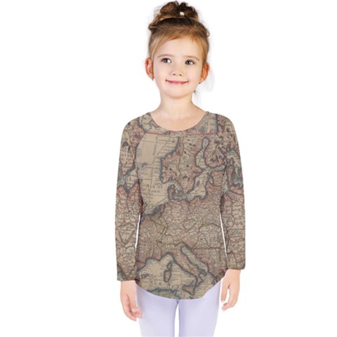 Vintage Europe Map Kids  Long Sleeve Tee by Sudheng