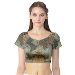 Vintage World Map Short Sleeve Crop Top by Sudheng