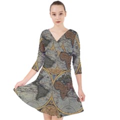 Vintage World Map Quarter Sleeve Front Wrap Dress by Sudheng