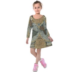 Vintage World Map Kids  Long Sleeve Velvet Dress