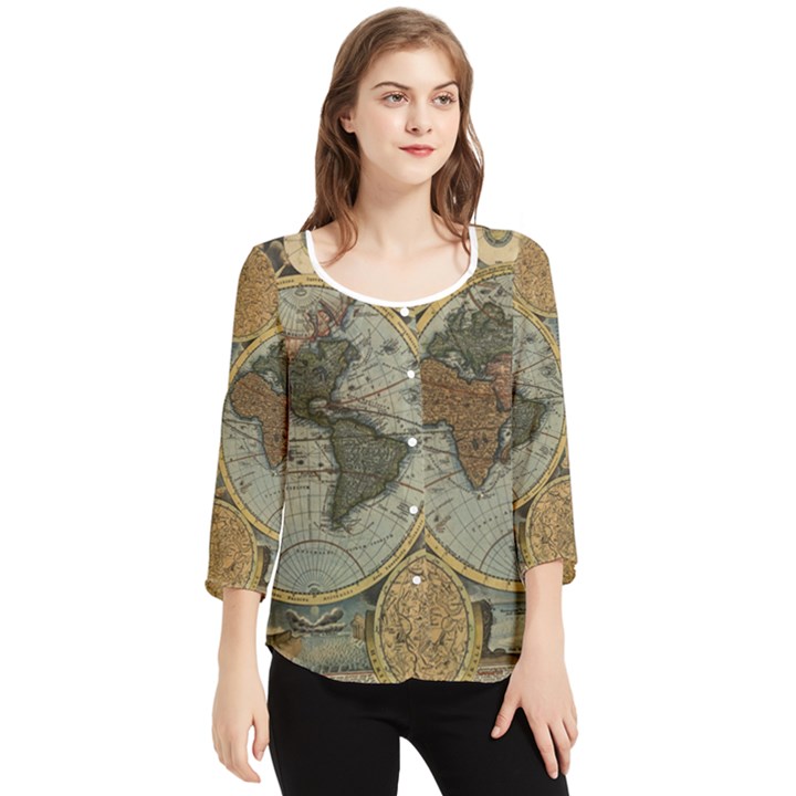 Vintage World Map Chiffon Quarter Sleeve Blouse